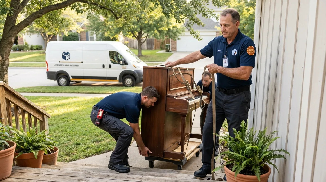 Licensed piano movers securing grand piano in Belchertown, MA