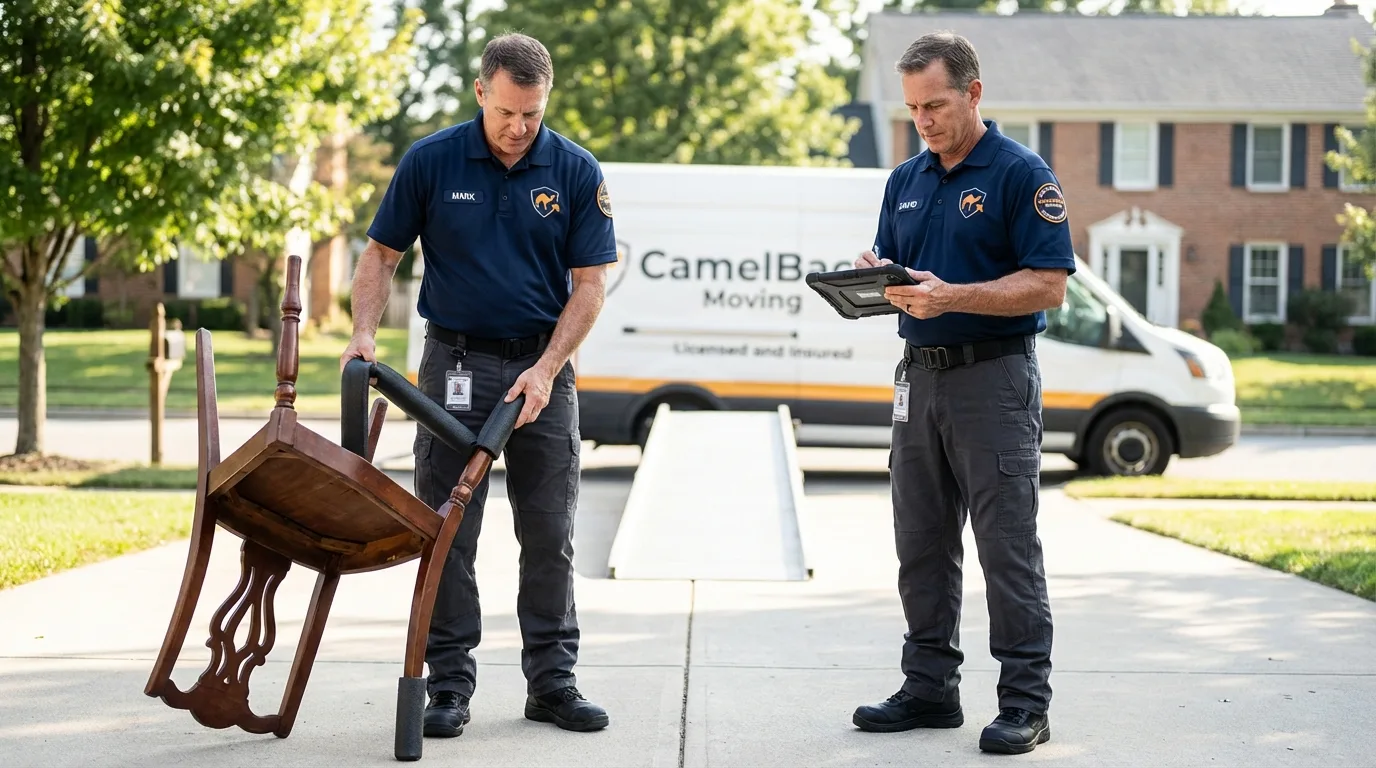 Movers inspecting furniture for damage prevention before loading in Belchertown, MA