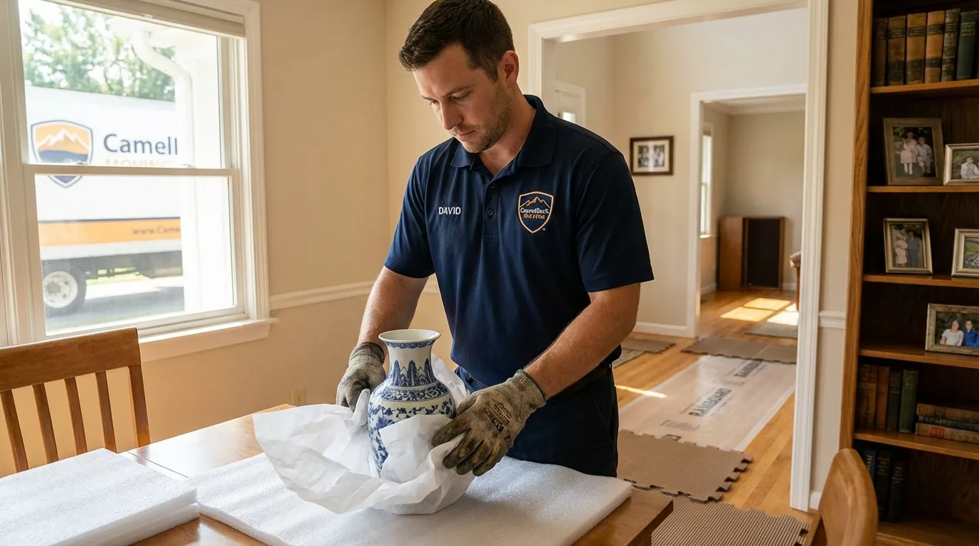 Professional crew carefully wrapping antique vase for senior downsizing move in Belchertown, MA