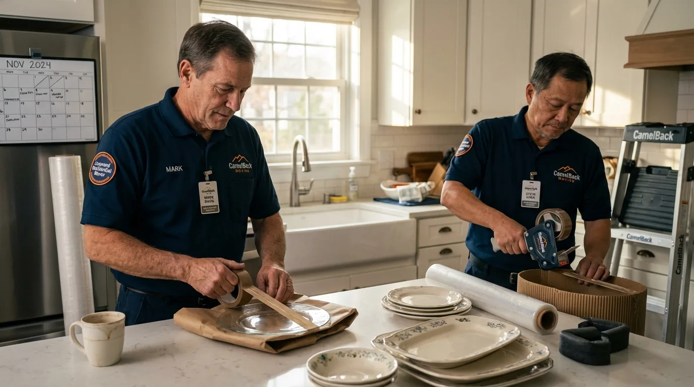 Professional crew packing kitchen dishware in Belchertown, MA